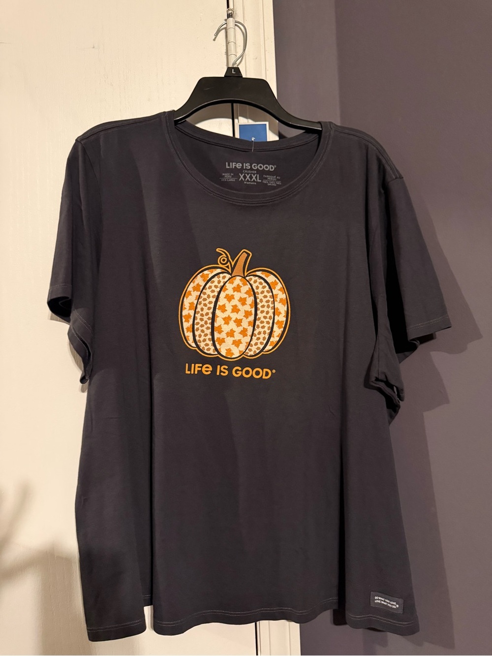Life Is Good Black Tee with Orange & Cream Pumpkin Graphic